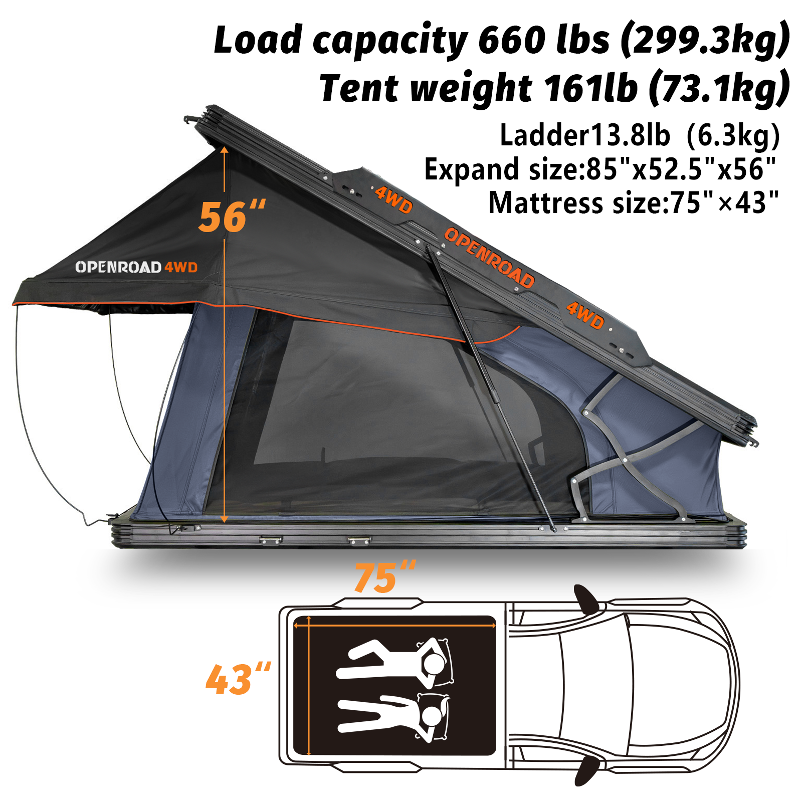 roof top tent weight OPENROAD Aluminium Hard Shell Roof Top Tent-PeakRoof LT Series, RTT with Insulated RTT Liner